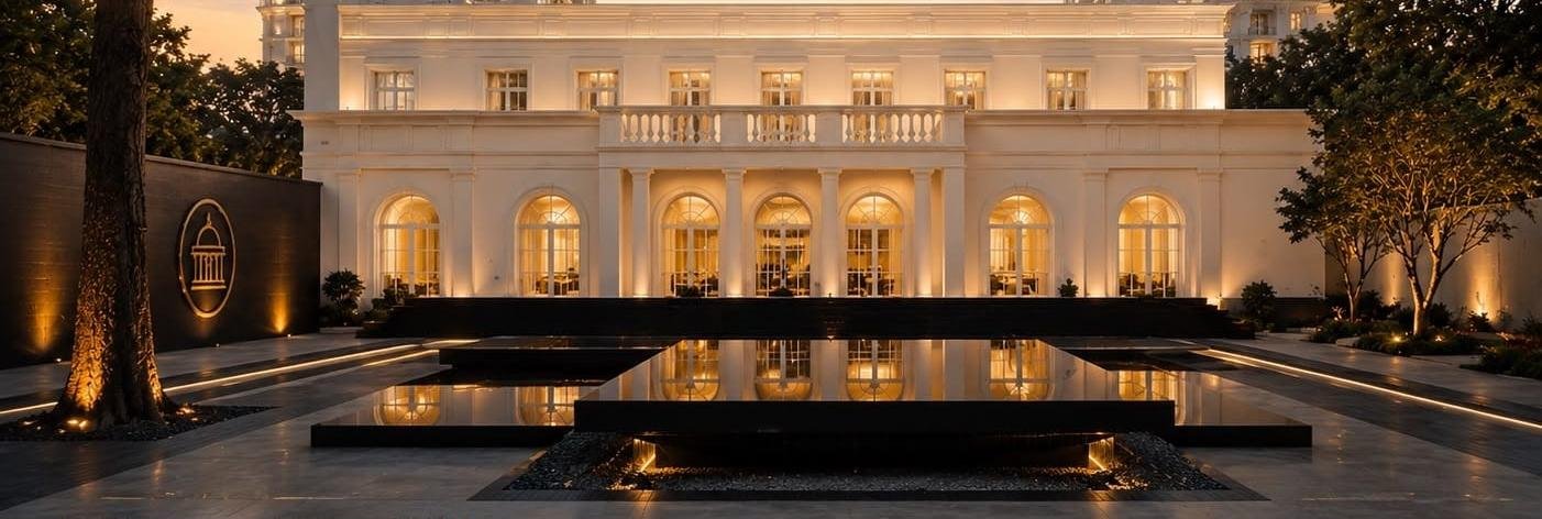 Illuminated clubhouse facade and reflecting pool at Max Estate 59, Sector 59 Gurugram, at dusk